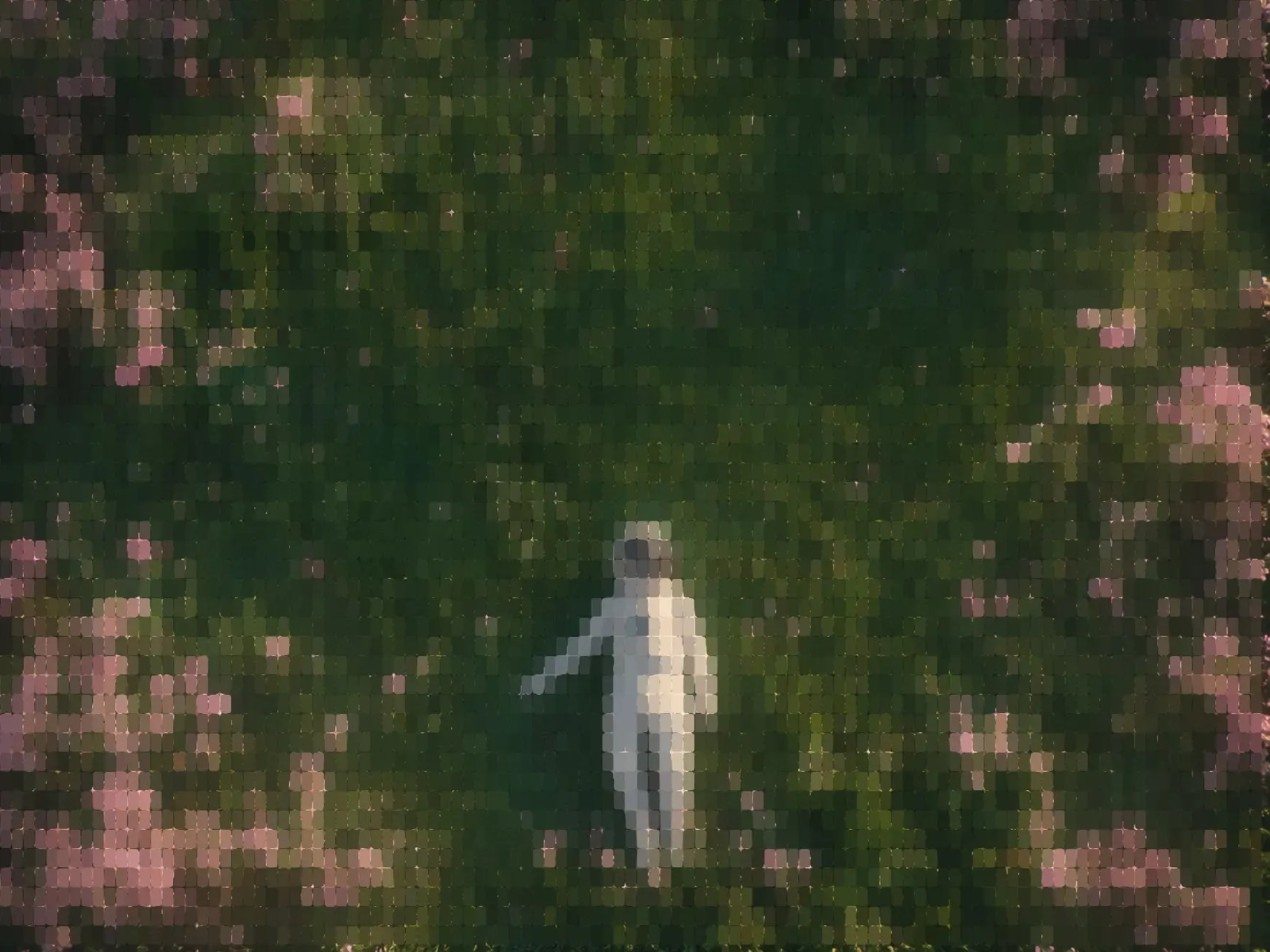 Abstract pixel field with a figure surrounded by green operational signal