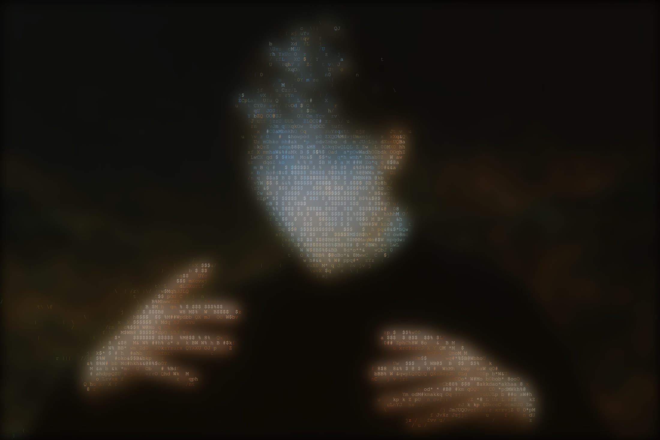 Dark abstract workspace figure formed from glowing characters and data
