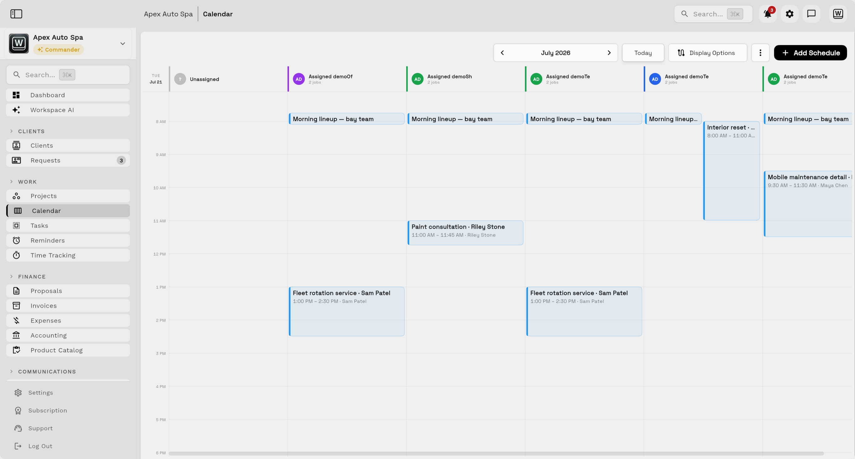 Workspace369 team calendar showing assigned team members and scheduled client work