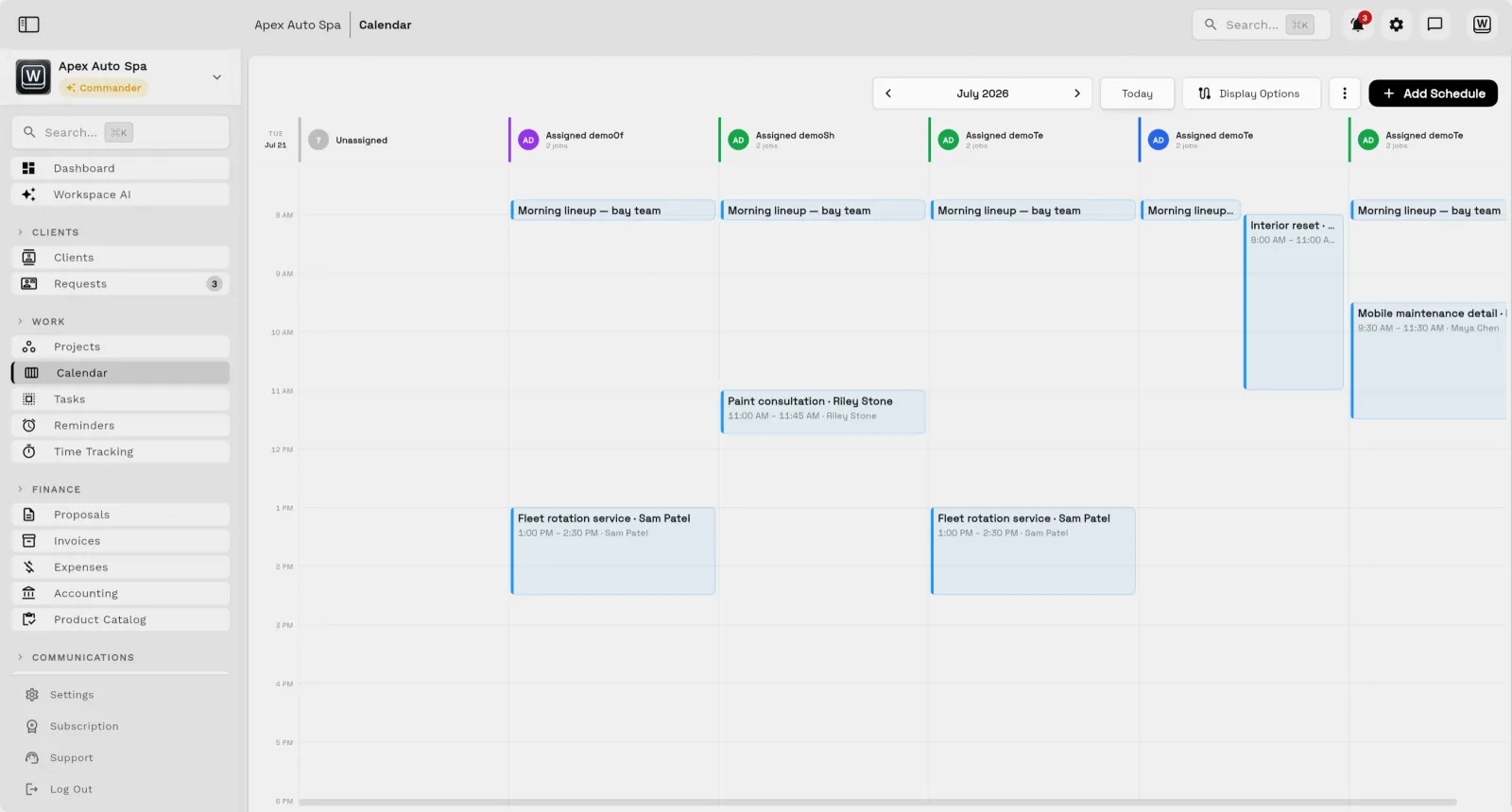 Workspace369 team calendar showing assigned team members and scheduled client work