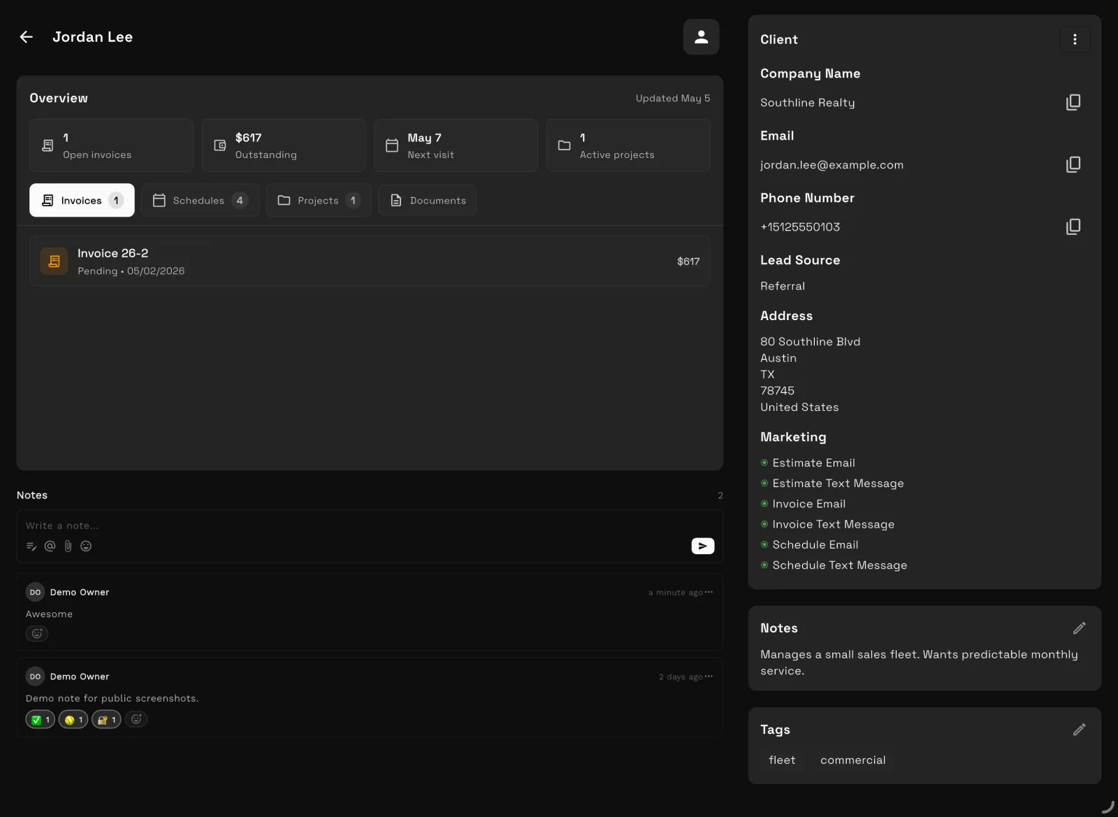 Workspace369 client record with contact details, invoices and activity in one place