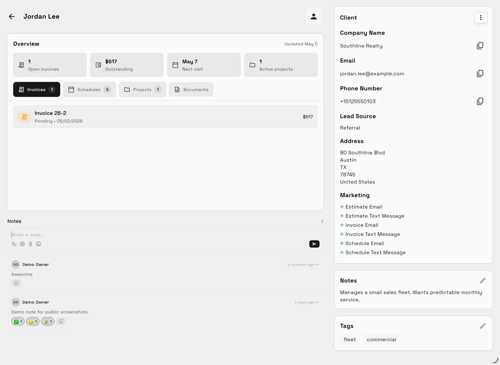Workspace369 client CRM with client details, invoices, schedules, and notes