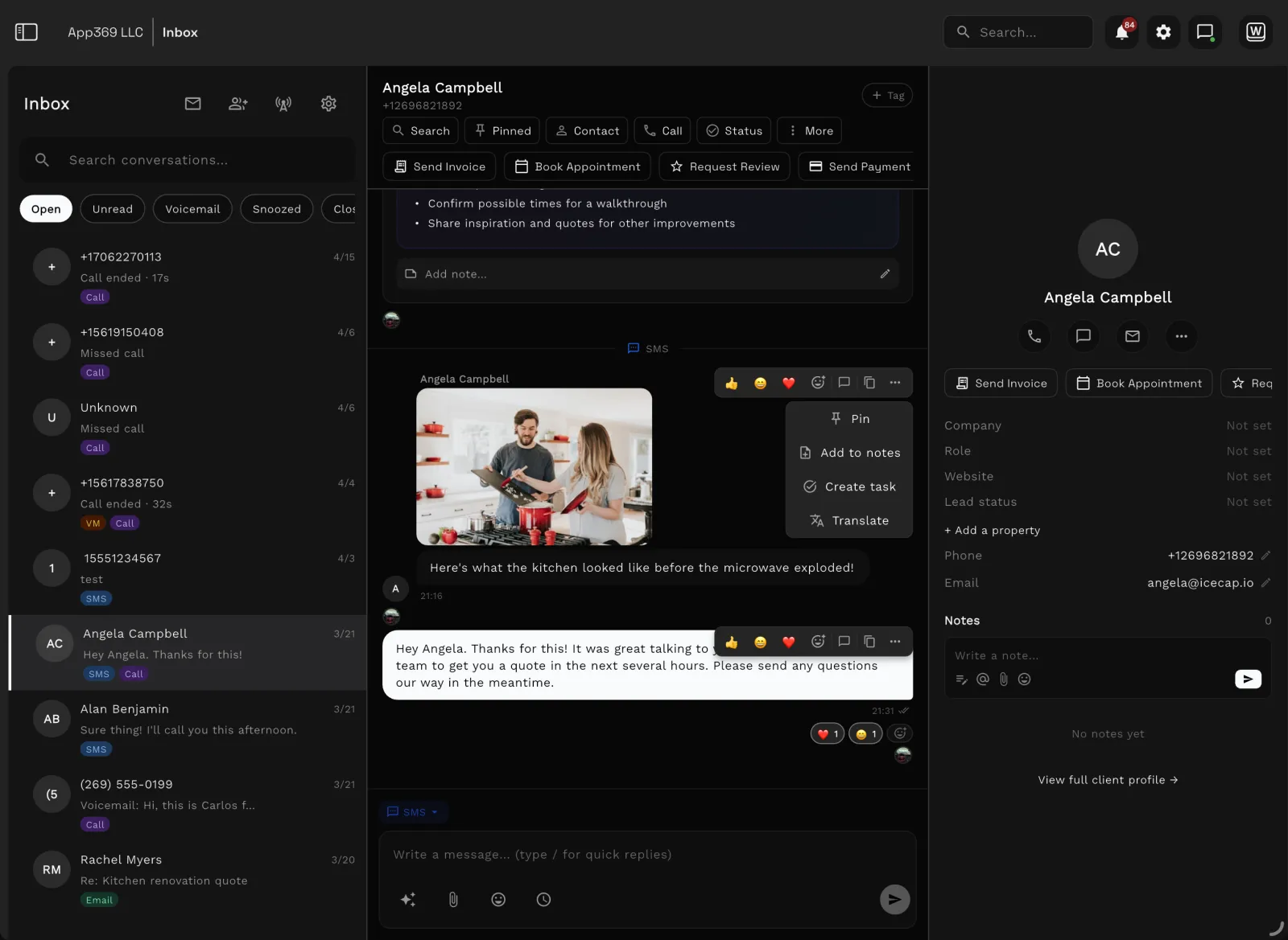 Workspace369 shared inbox with client conversations and AI summaries
