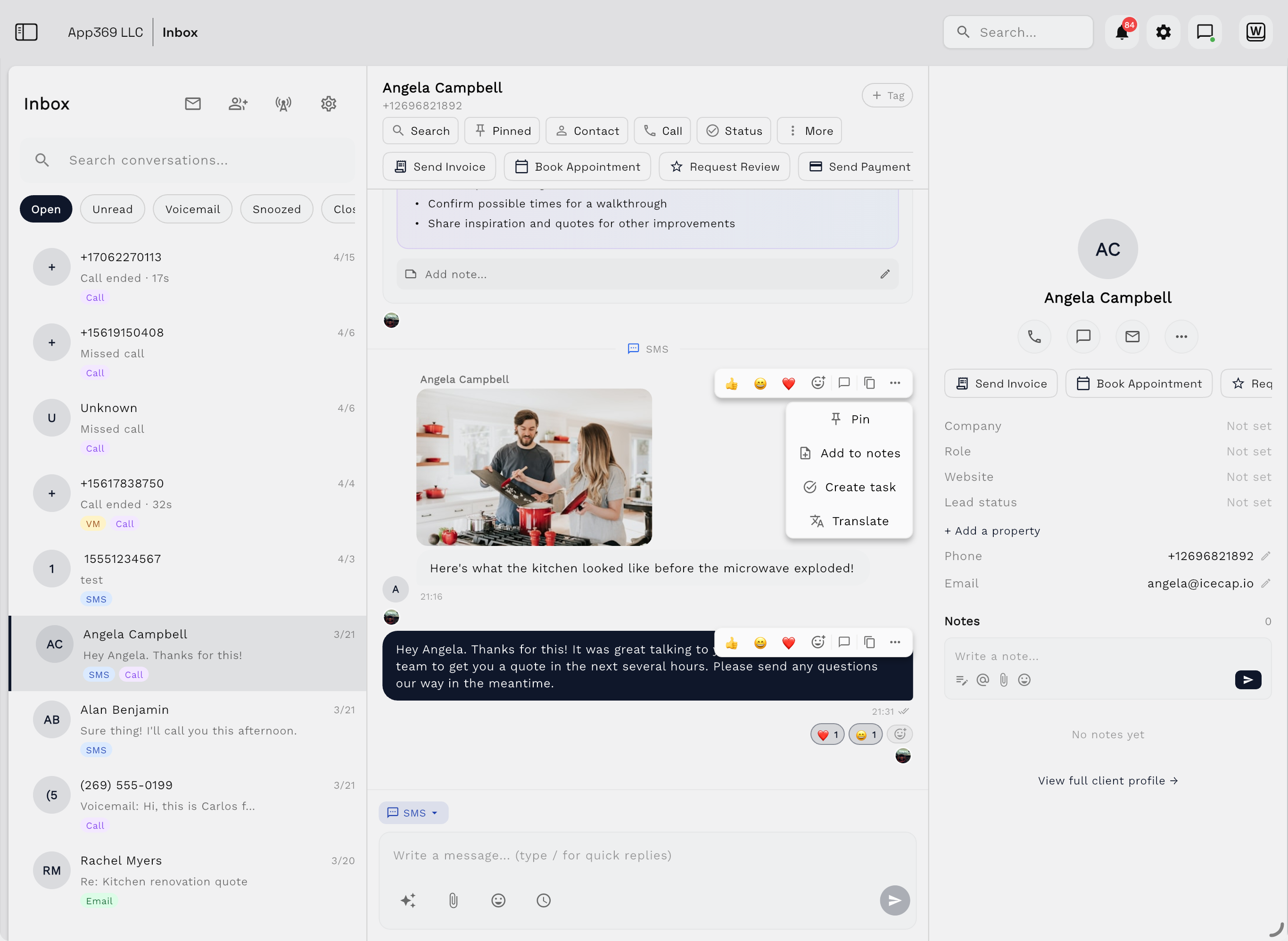 Shared inbox, email, SMS, calling, and voicemail in Workspace369