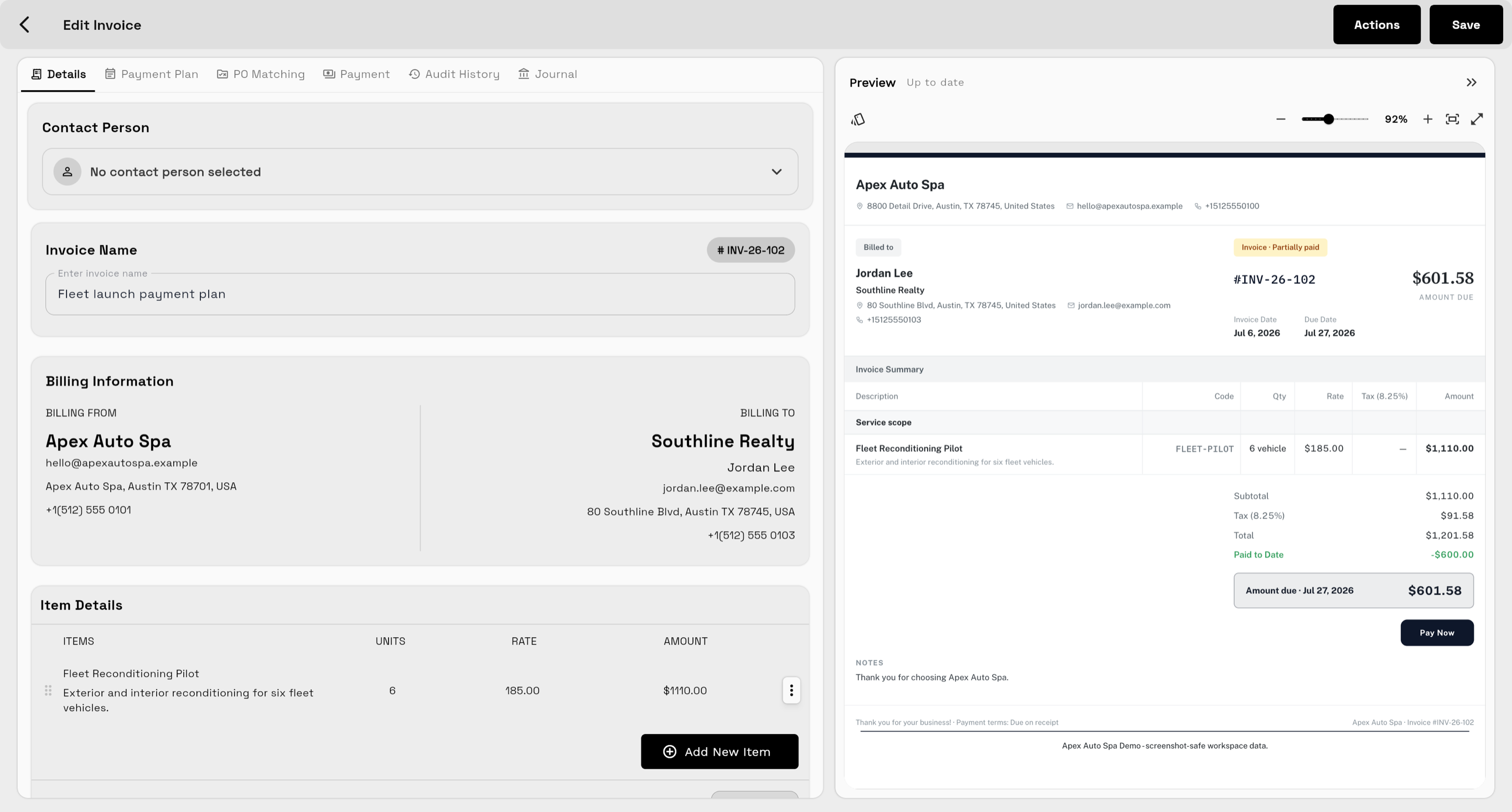 Workspace369 invoice editor with billing details, line items, and a live invoice preview showing amount due and Pay Now