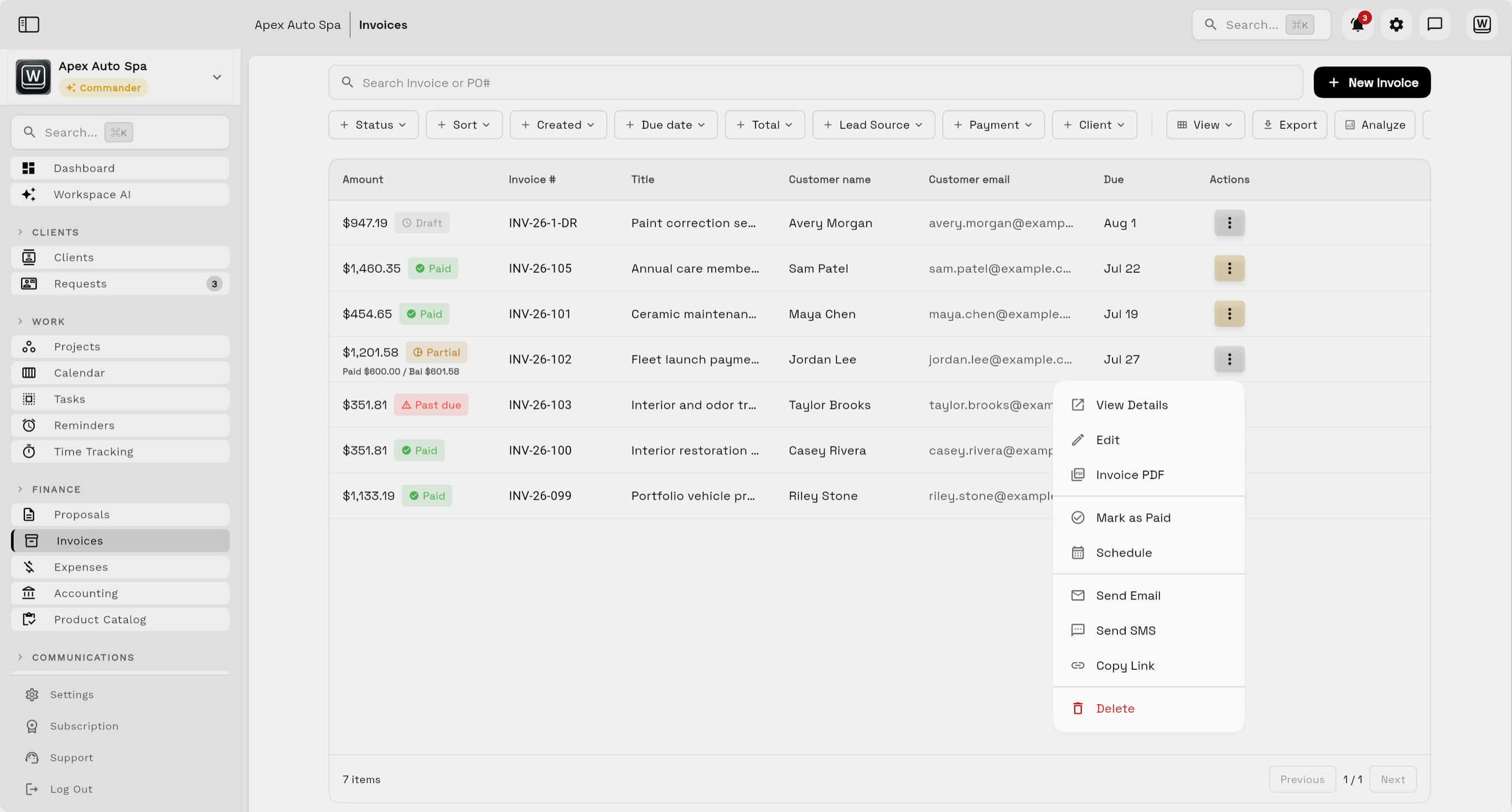Workspace369 invoice list with statuses, balances, and billing actions