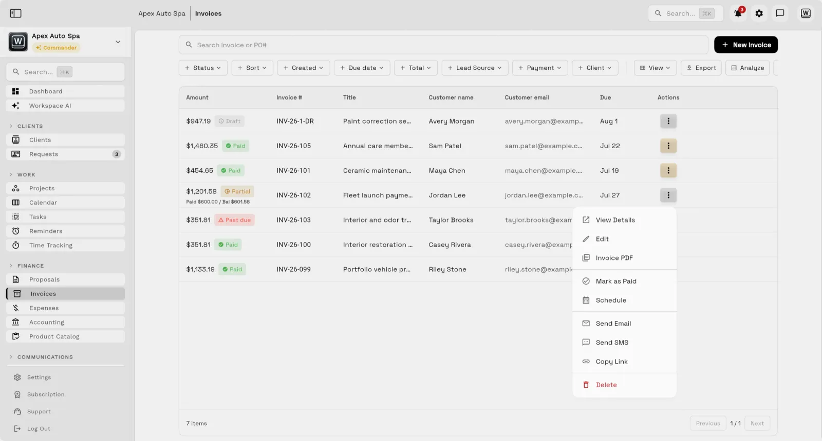 Workspace369 invoice list with statuses, balances, and billing actions