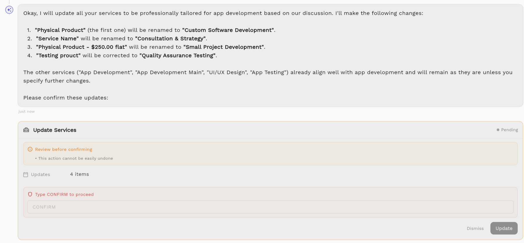 Workspace369 review card asking the user to confirm four prepared service renames before an update is applied