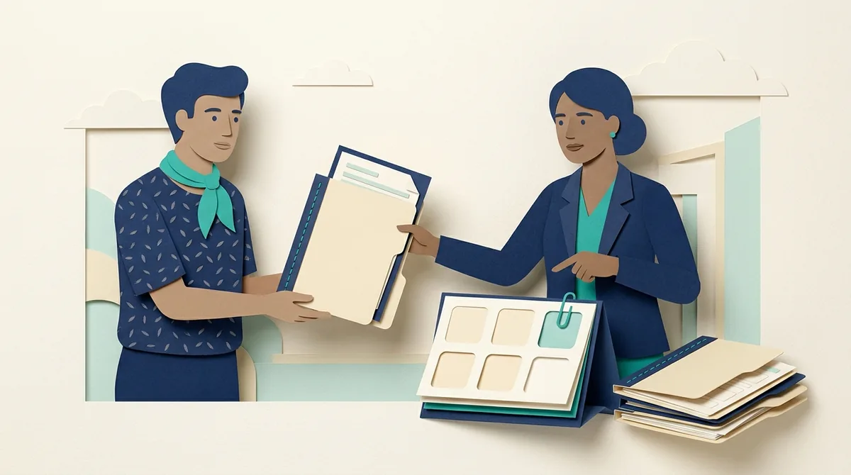Paper figures review separate entity documents and a client deadline calendar.