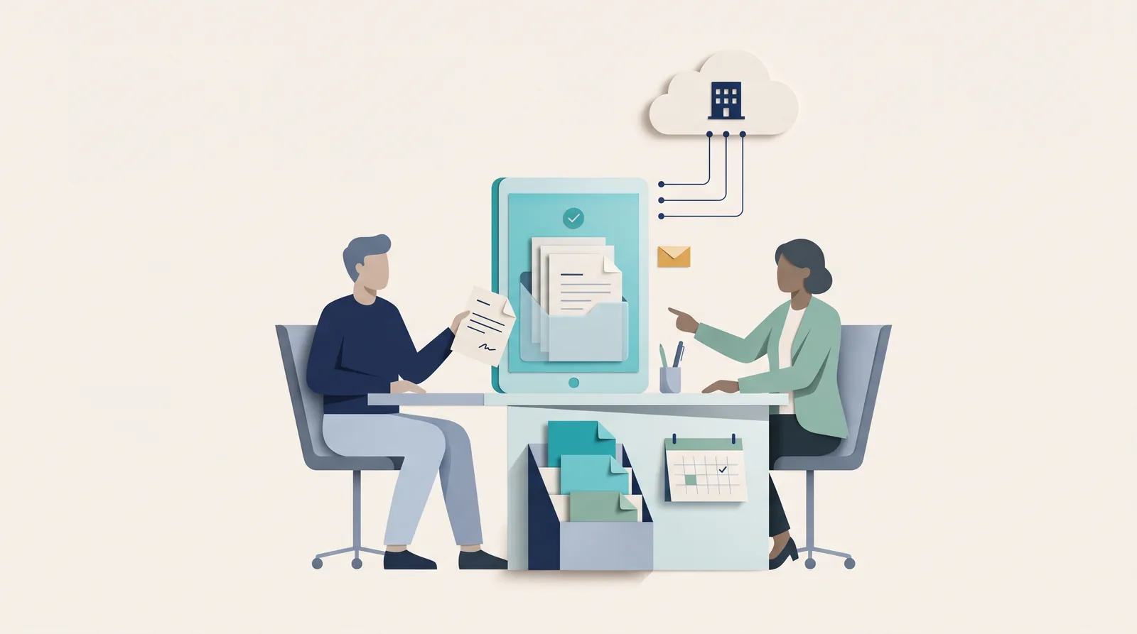 An accountant and client review shared documents beside a cloud connection and organized accounting folders.