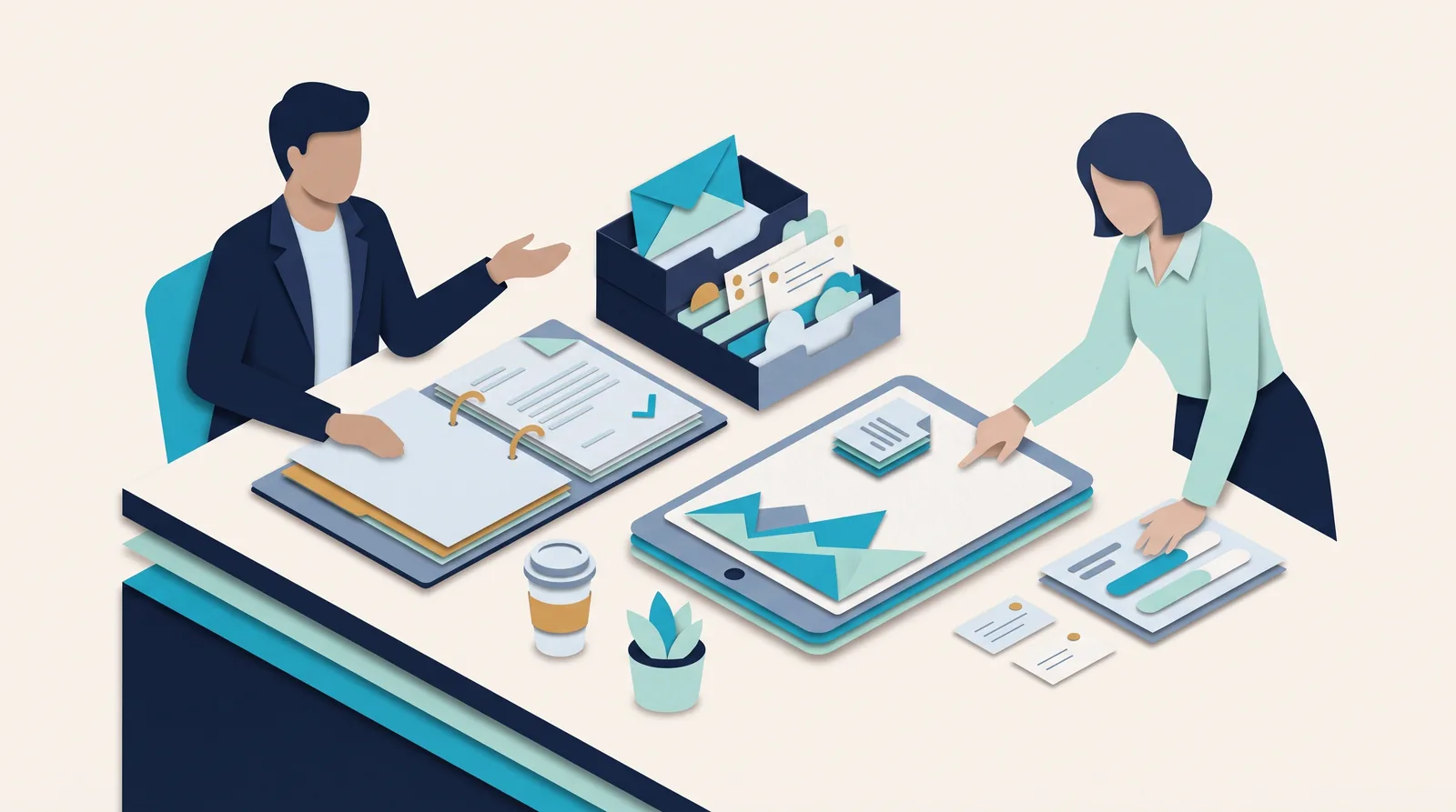 Agency account managers review client records and organize messages, documents, and follow-up notes on one desk.