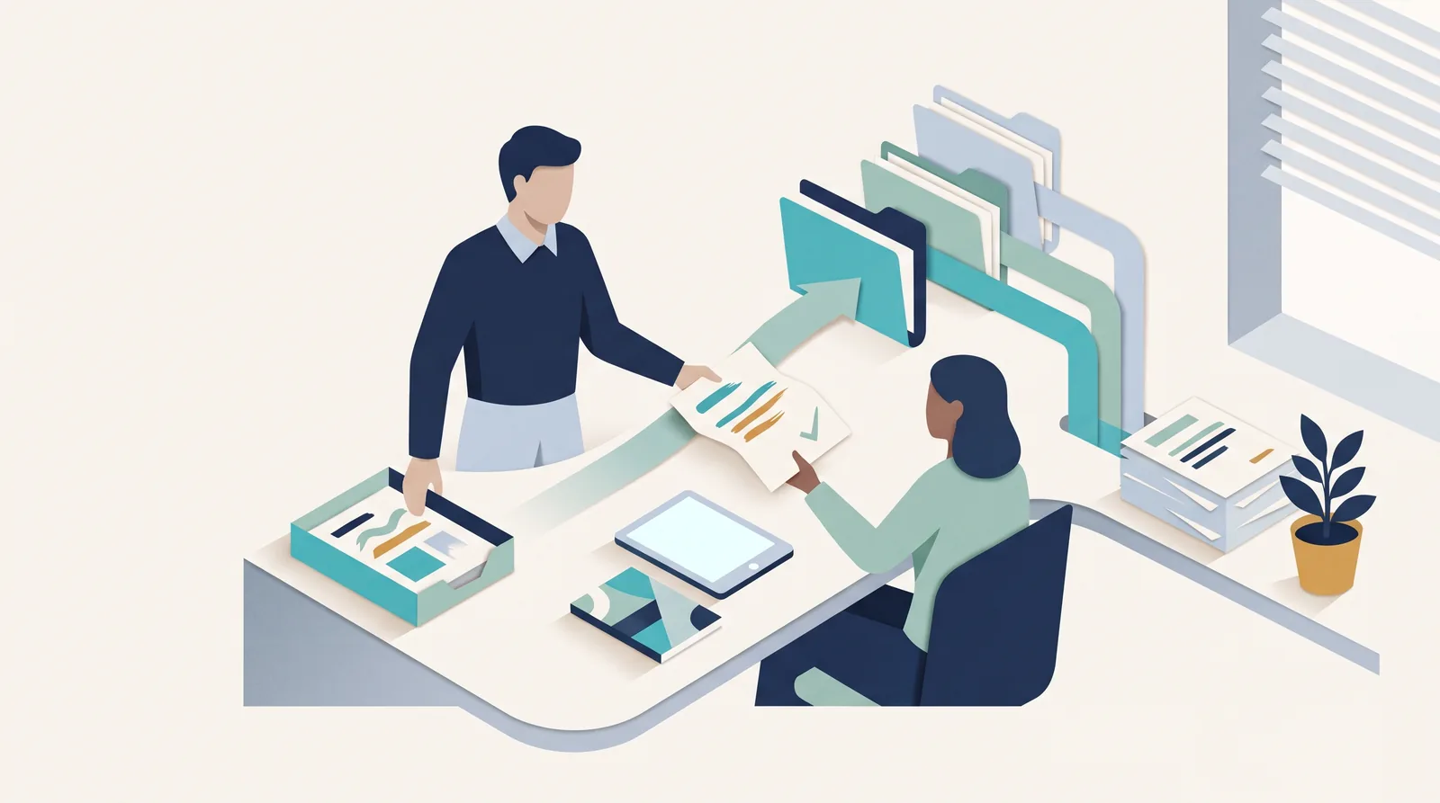An agency account manager reviews a client project with a colleague beside organized folders and shared documents.