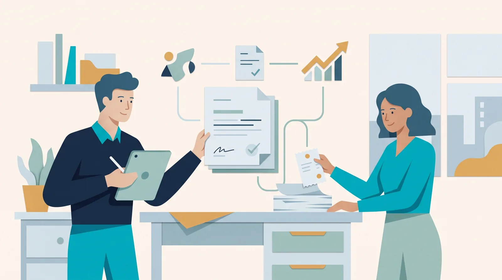 Agency colleagues connect project documents, billing records, and an accounting review across a shared desk.
