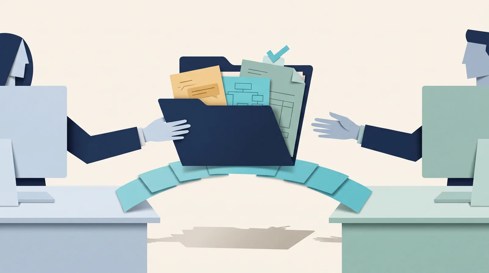 Deux collègues d'agence se transmettent un dossier client CRM contenant des documents de conversation, de projet et de facturation.