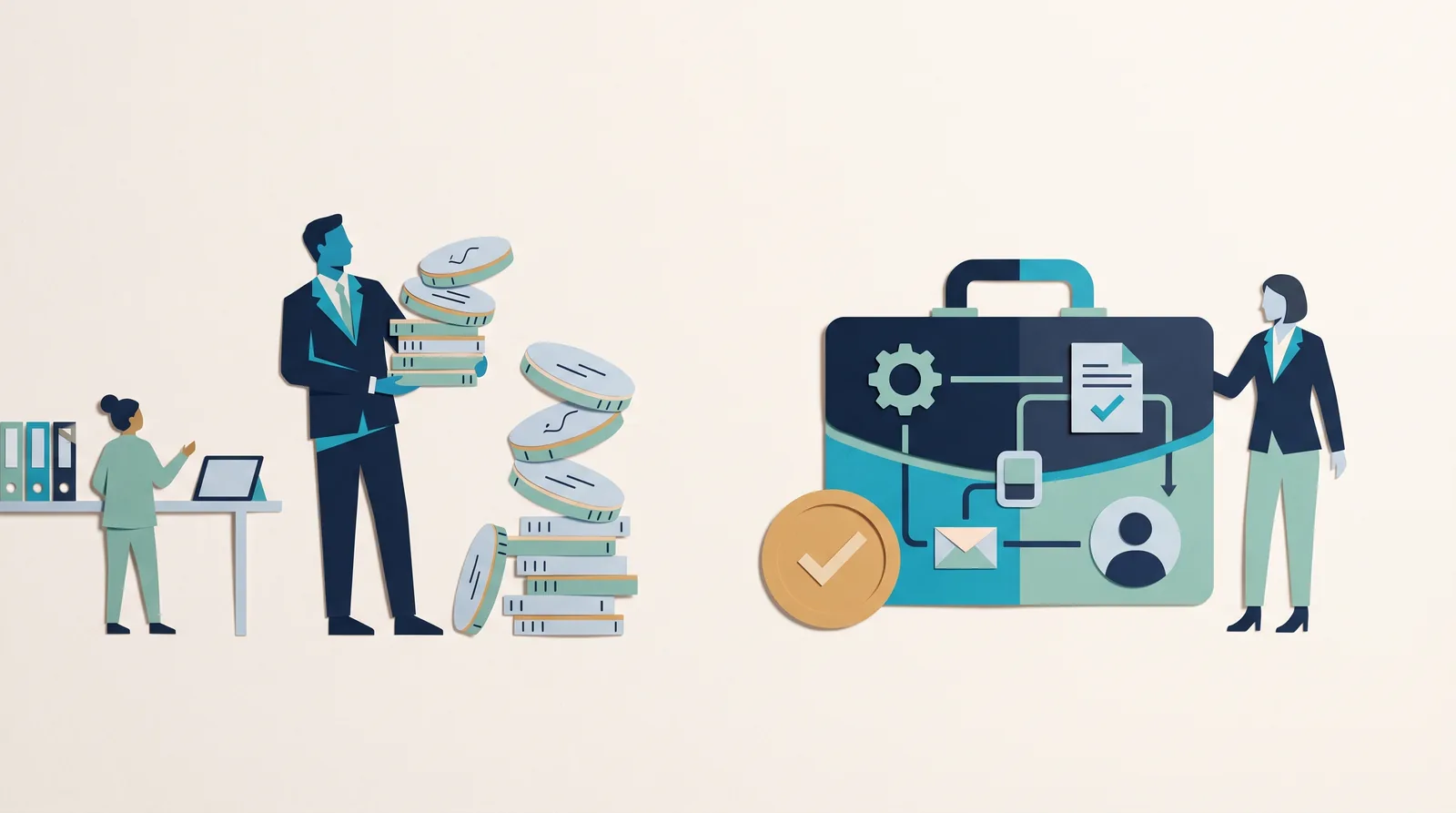 An agency team compares stacks of separate software costs with a connected business-management toolkit.