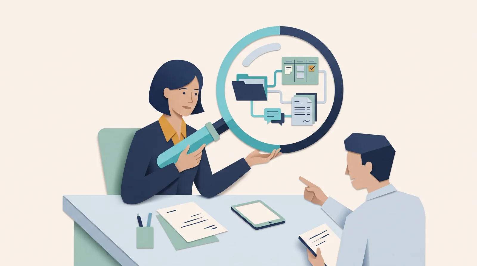 Agency colleagues examine connected client folders, messages, and project cards through a large magnifying glass.