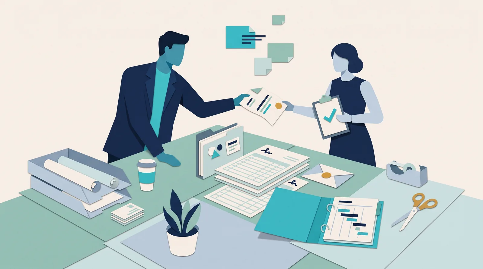 Two agency colleagues coordinate client records, project documents, and a checklist across a shared workspace.