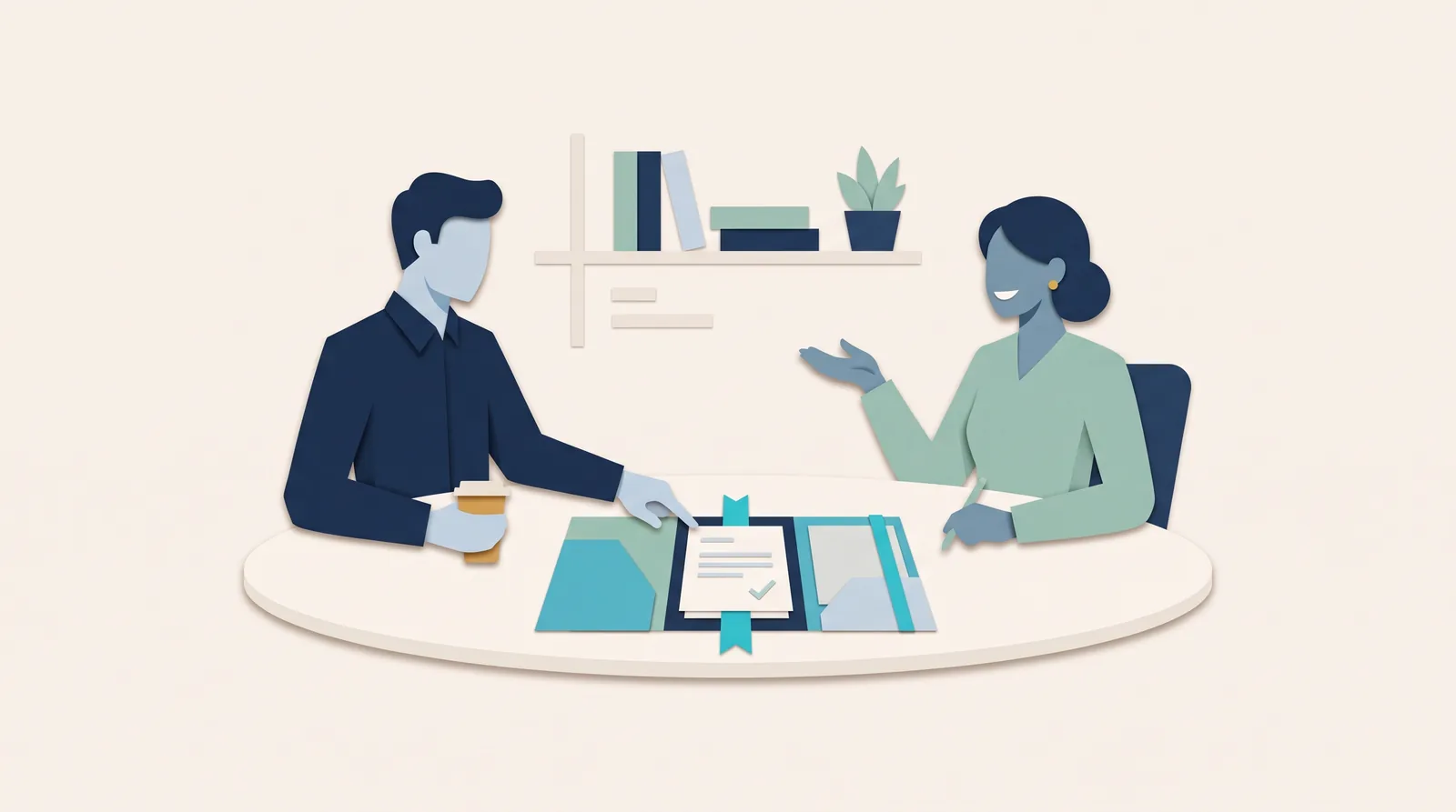 Two agency colleagues review project records together around an open binder and shared planning documents.
