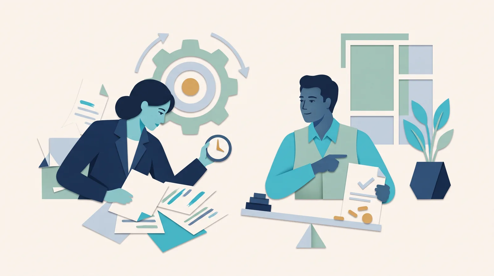 Agency colleagues compare busy schedules and work documents with project outcomes and profitability records.