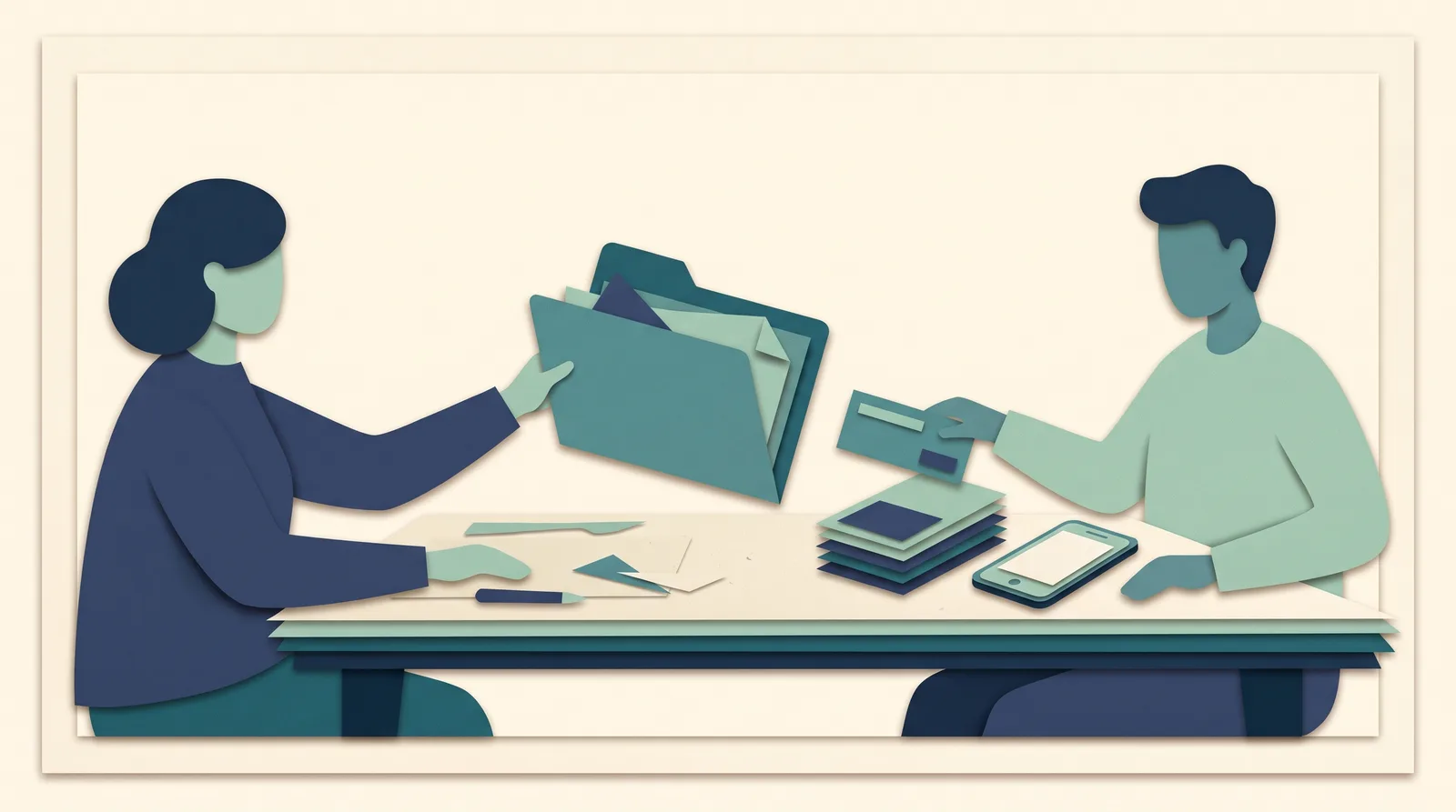 Two agency colleagues exchange a client folder and a change-request card beside a phone prototype and milestone cards.