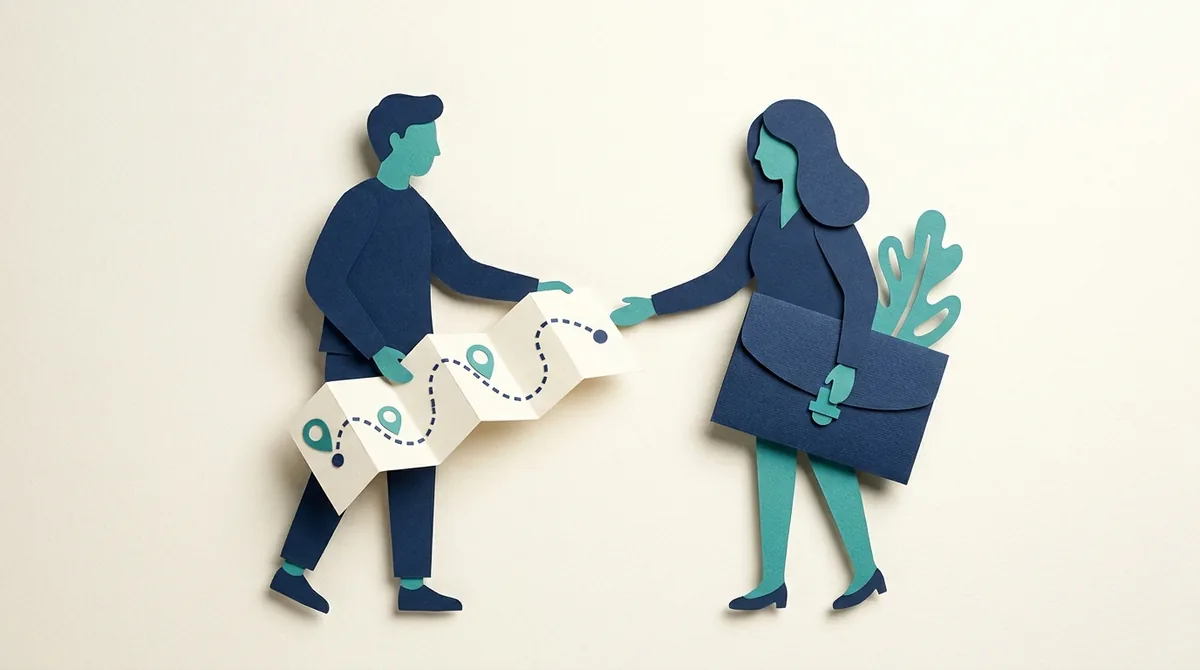 Paper figures discuss an extended coaching roadmap beside a client folder.