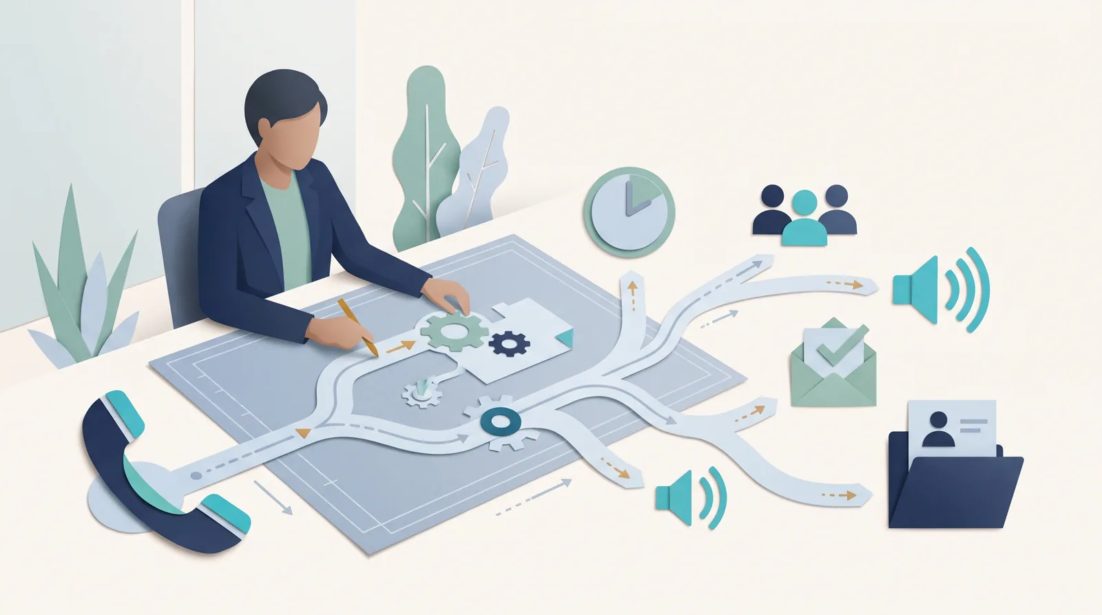 A professional maps business call routing from an incoming phone call to team members, voicemail, and client records.