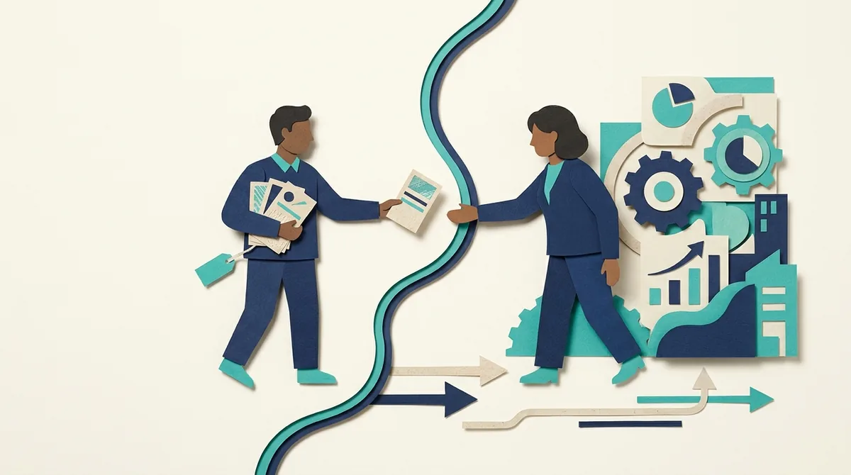 Paper figures exchange a program brief between a boundary line and business planning symbols.