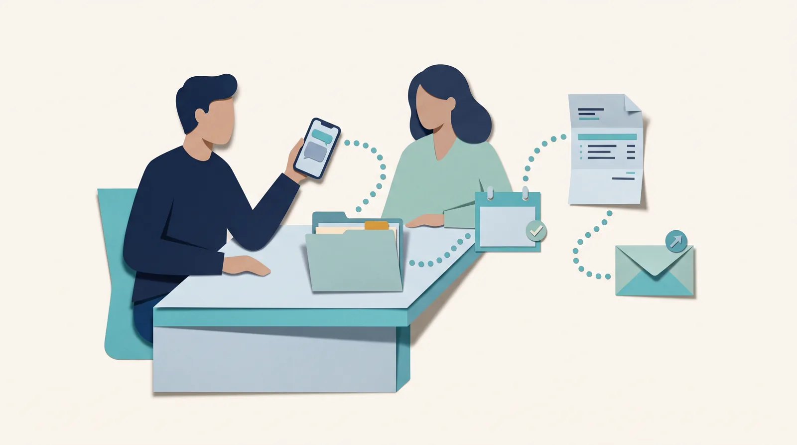 Los colegas conectan una conversación de SMS en un teléfono con carpetas de clientes, un calendario de citas marcado y mensajes de seguimiento.
