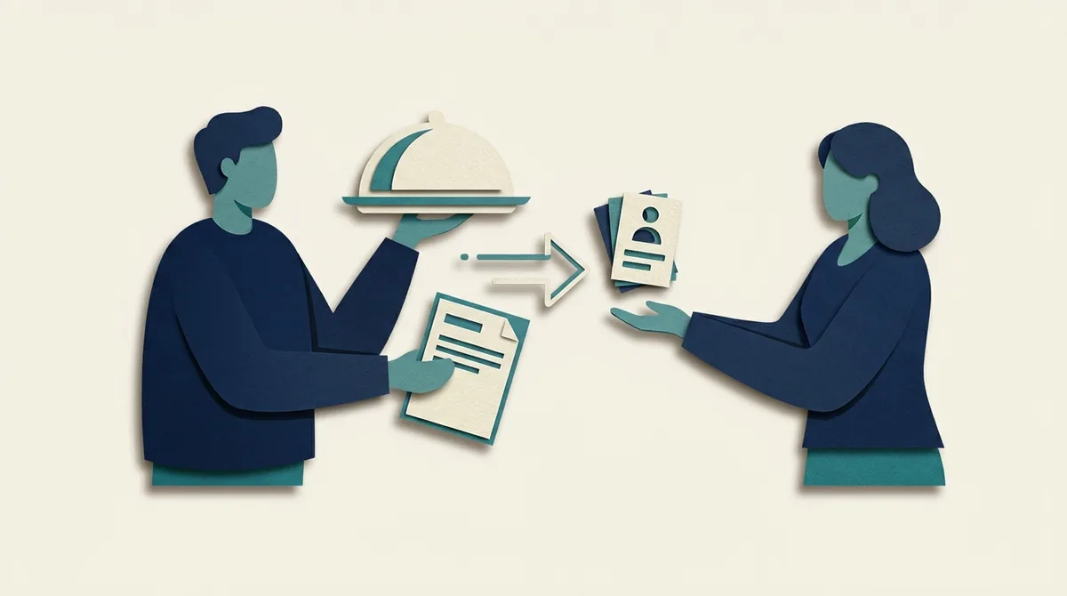 Two paper figures exchange catering checklists beside a covered serving dish.