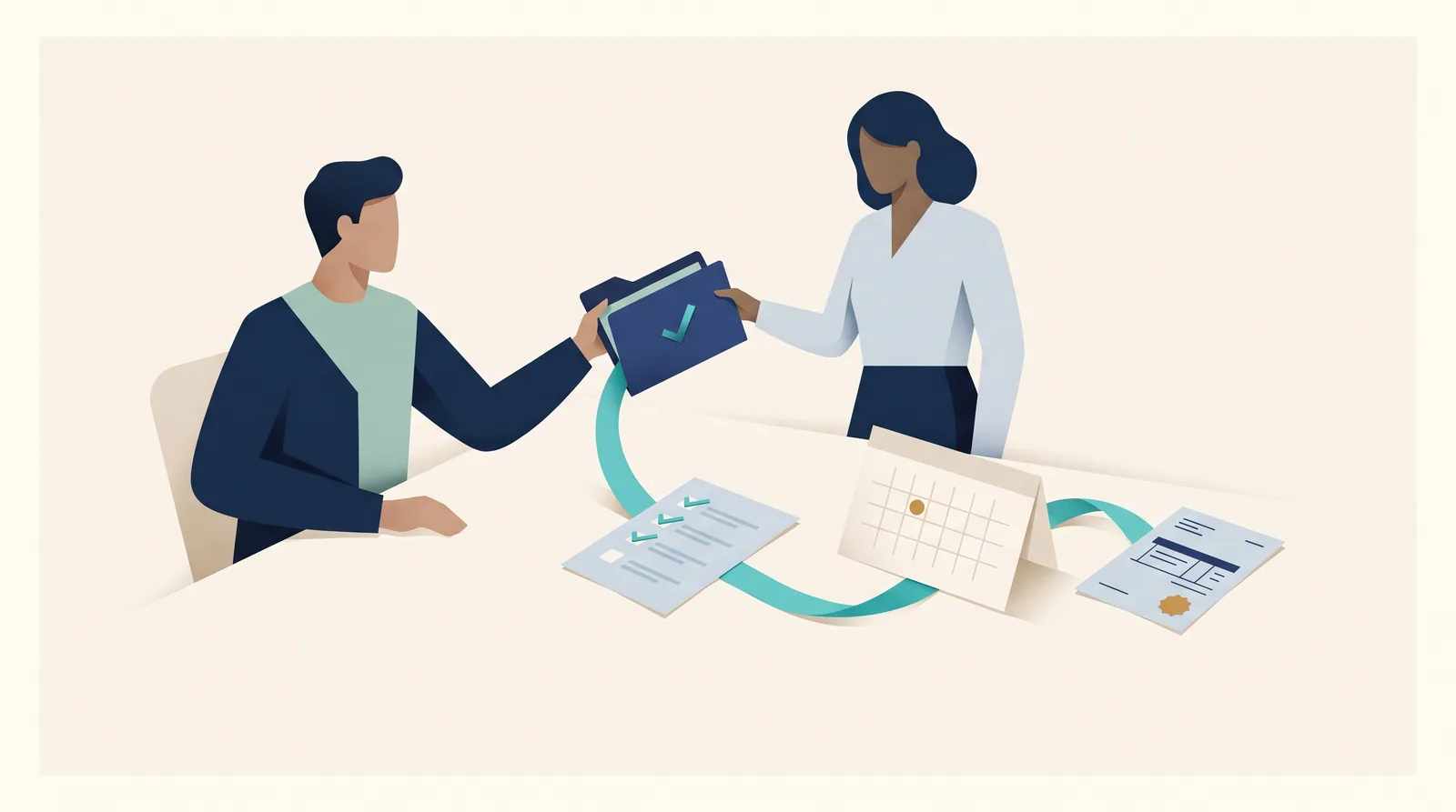 A project lead hands off an approved client change folder linked to a delivery checklist, calendar, and billing document.