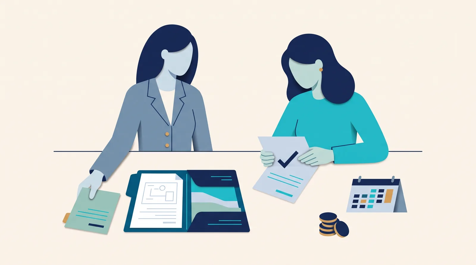 Two colleagues review an additional project page and approved change request beside the original scope folder, a calendar, and coins.