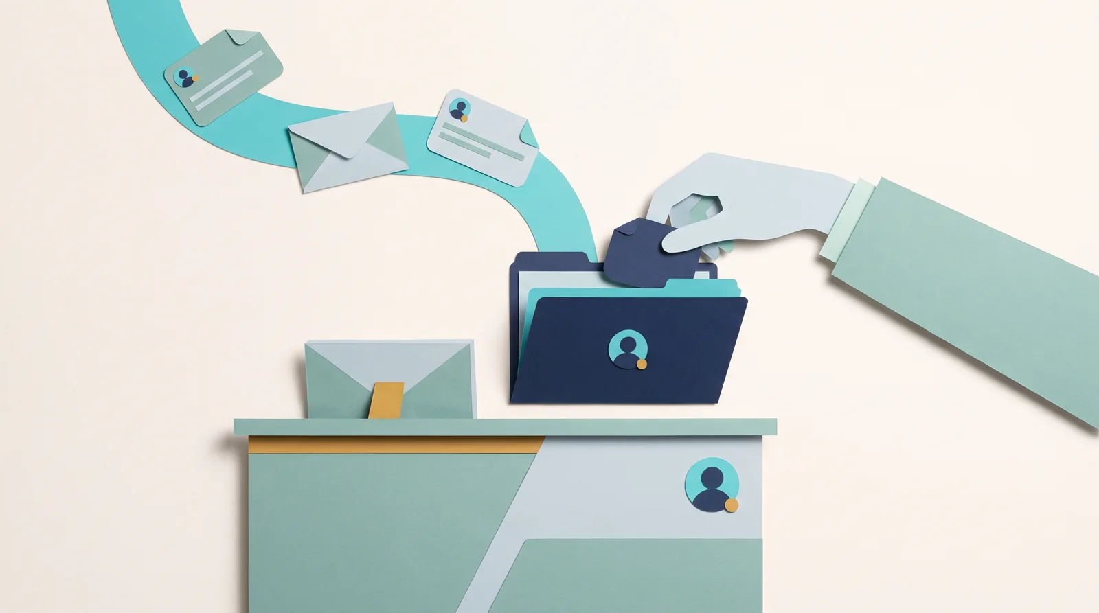Client inquiry intake illustrated by messages following a teal path into a client folder as a hand files a card.