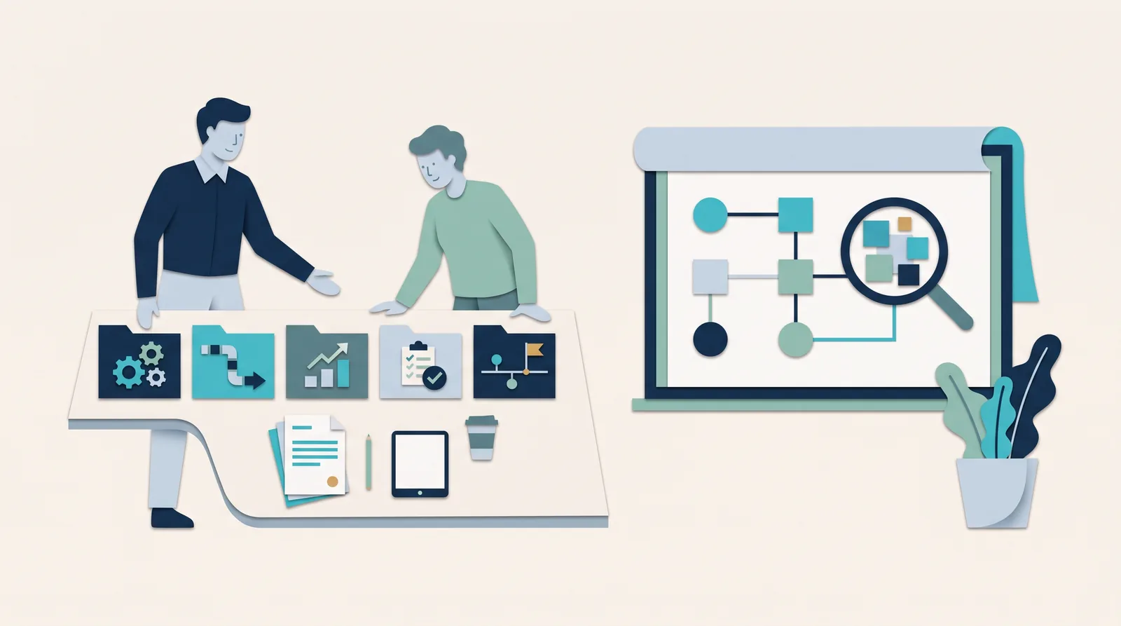 Dva kolegové porovnávají pracovní postupy řízení klientů pomocí karet úkolů a plánovací tabule s propojenými kroky procesu.