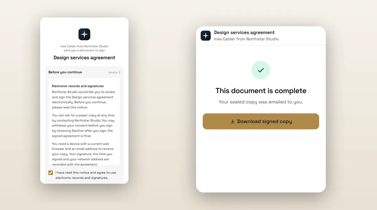 The electronic records consent screen shown before signing, and the This document is complete screen with Download signed copy.