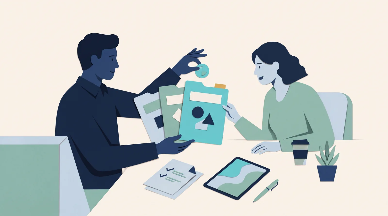A professional and client gather an identity folder, intake documents, and a checklist during onboarding.