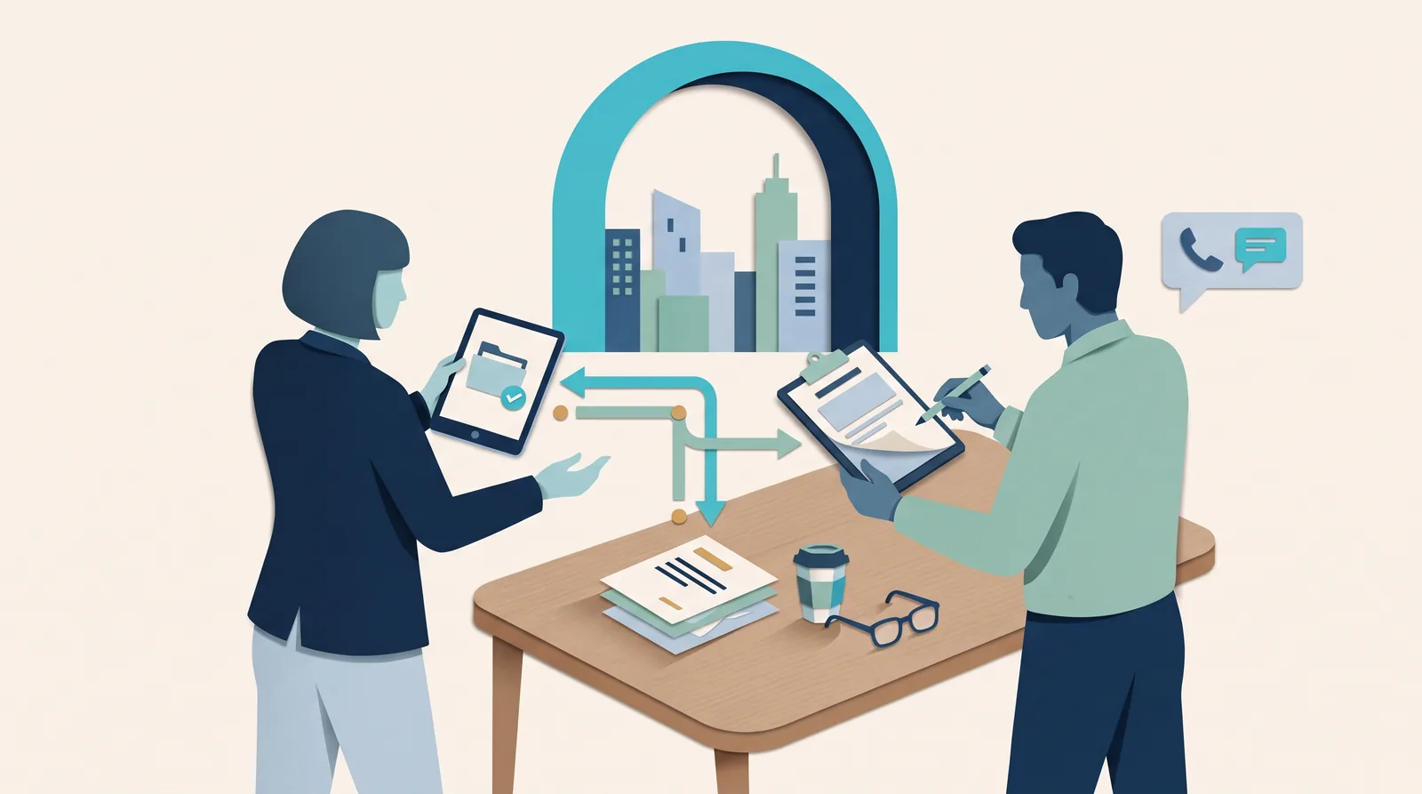 Two colleagues review client onboarding documents and communication routes leading toward a welcoming doorway.