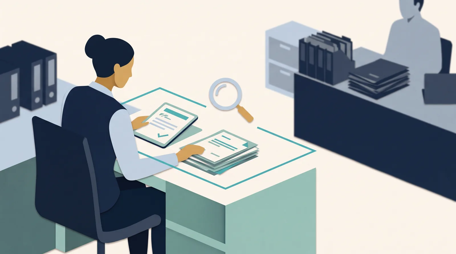 A colleague examines approved client folders with a magnifying glass inside an outlined access boundary while another workspace stays separate.