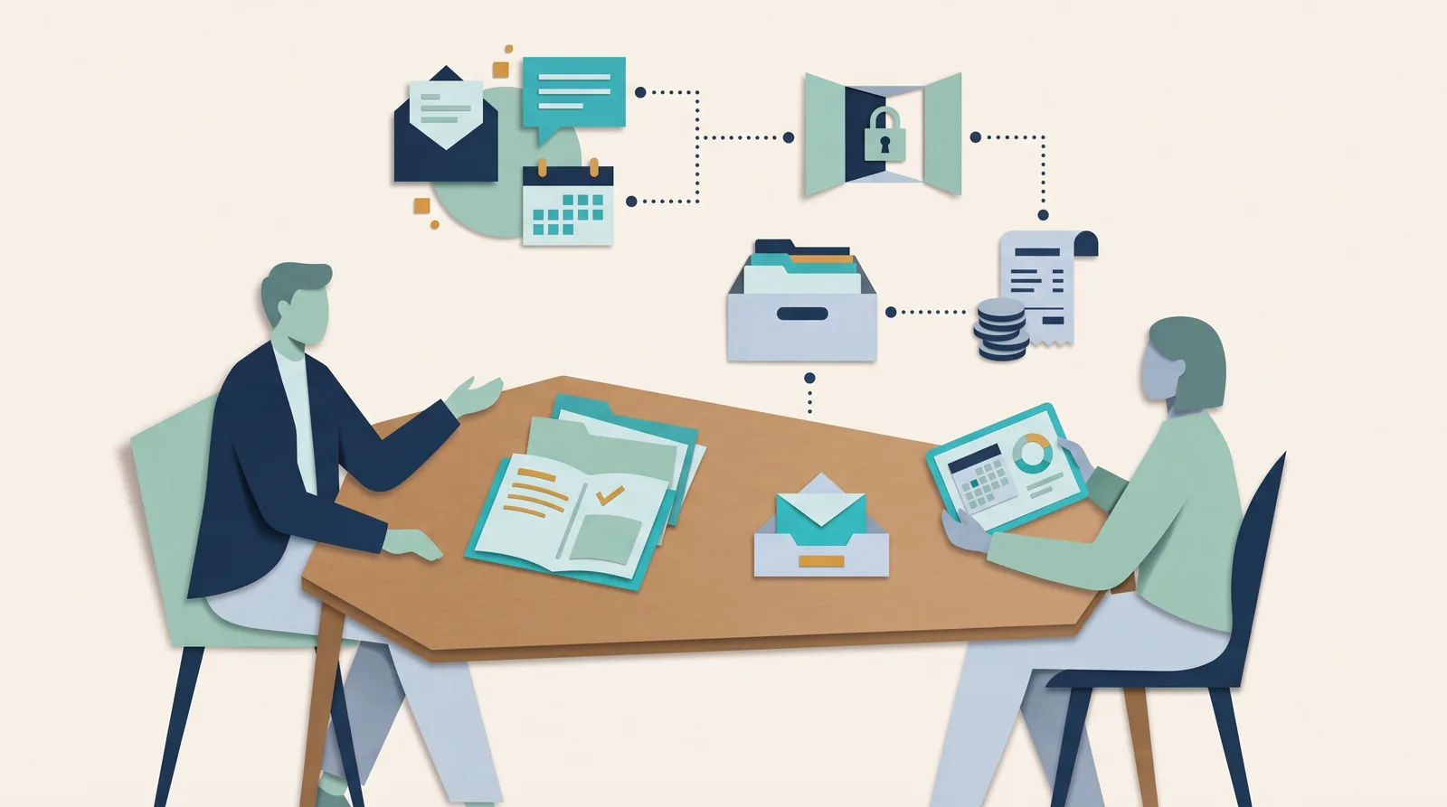 A coach and client review session documents alongside scheduling, messages, and a secure client portal concept.