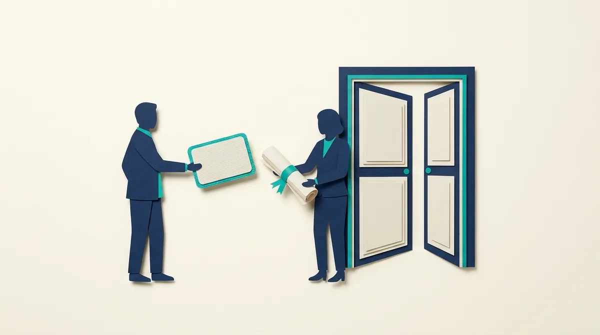 Paper figures review an agreement before entering a program doorway.