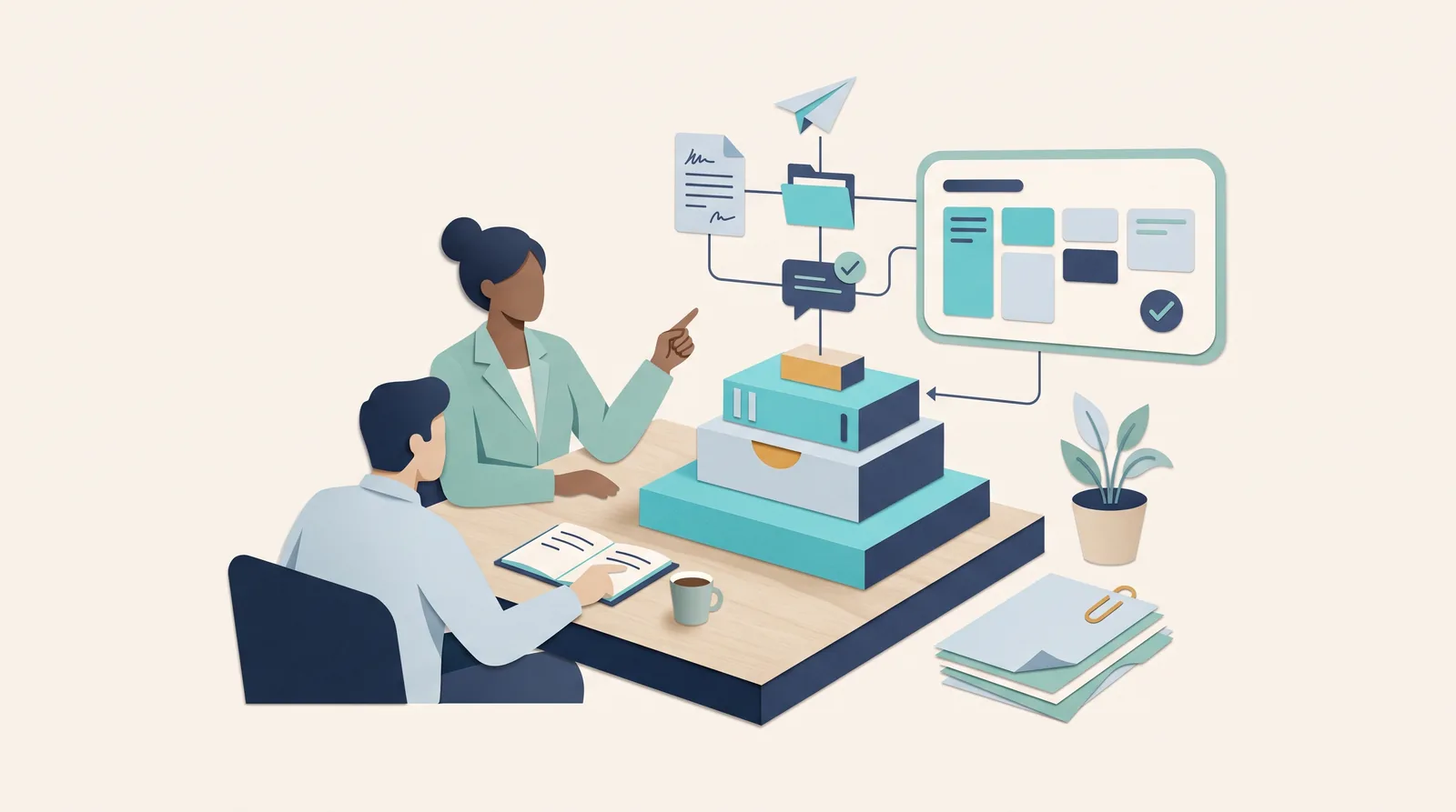 Consultants review client documents and project stages connected to a shared task board and communication flow.
