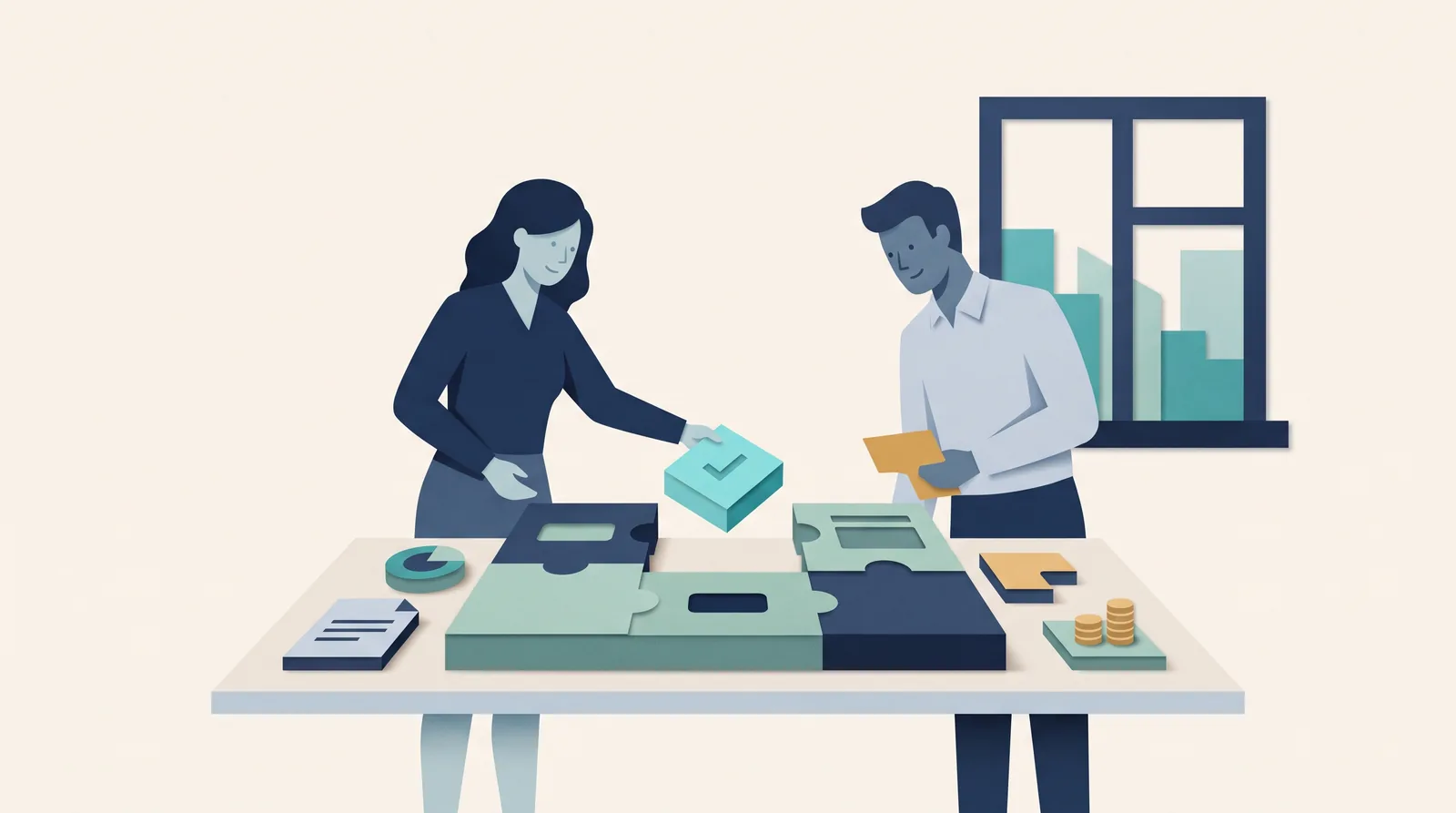 Two consultants fit client records, project steps, and billing pieces together on a shared planning table.