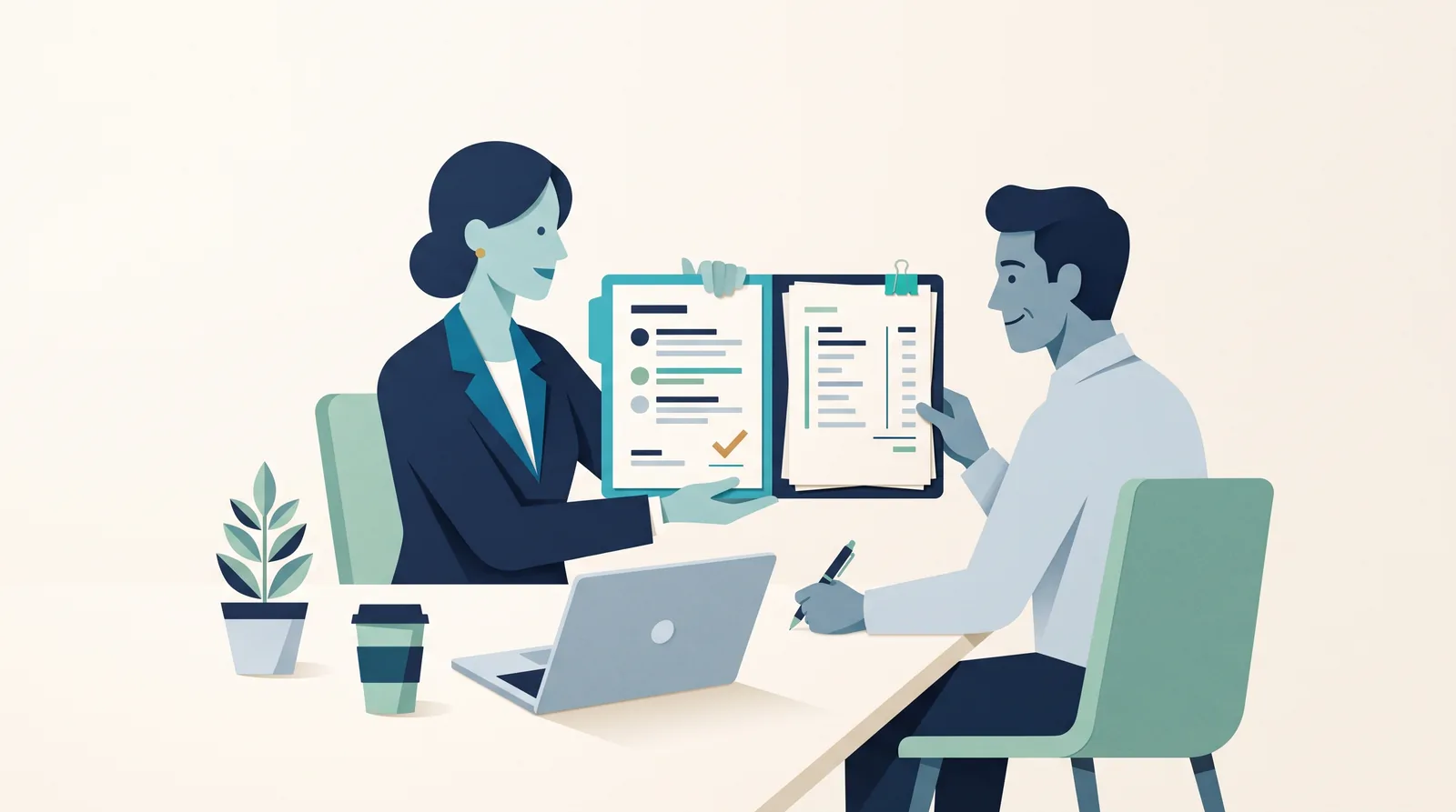 A consultant and client compare a work checklist with itemized hourly billing documents during an invoice review.