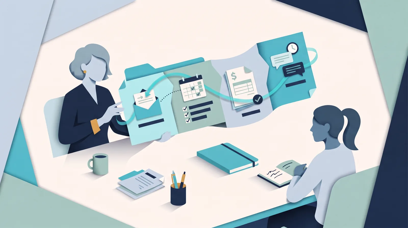 Los consultores revisan una secuencia conectada de propuestas, tareas de proyecto, facturas y mensajes de seguimiento en una mesa de trabajo compartida.