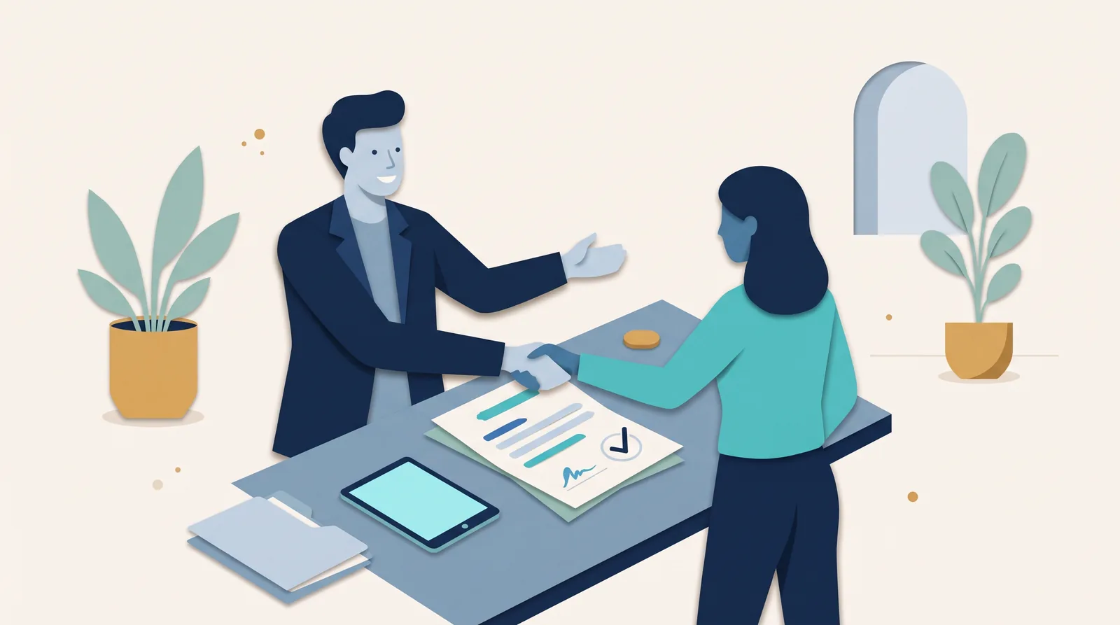 A consultant and client review an engagement checklist and project documents across a shared desk.