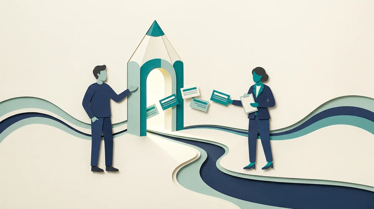 Two paper figures discuss editorial cards beside a pencil-shaped approval gate.