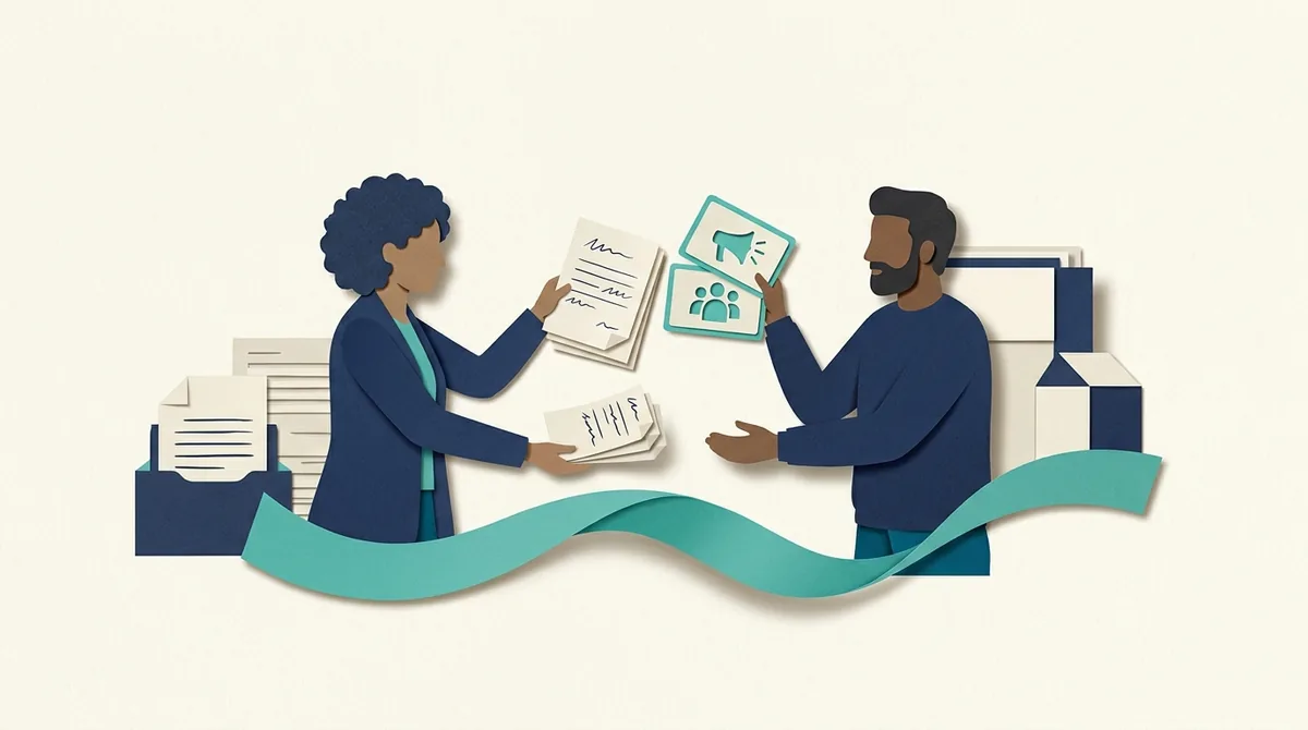 Two paper figures compare a written brief, interview notes and audience cards.