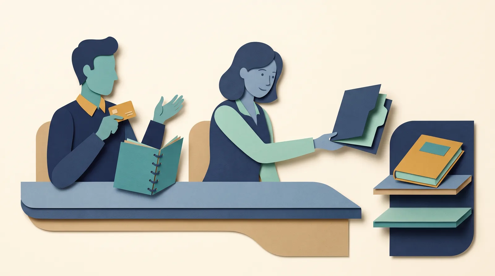 Two program staff review an applicant card and planner while passing an enrollment folder toward a shelf with a lesson book.