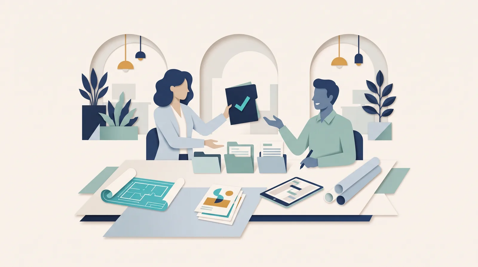 A creative agency professional and client review design documents and a checked approval card across a shared worktable.
