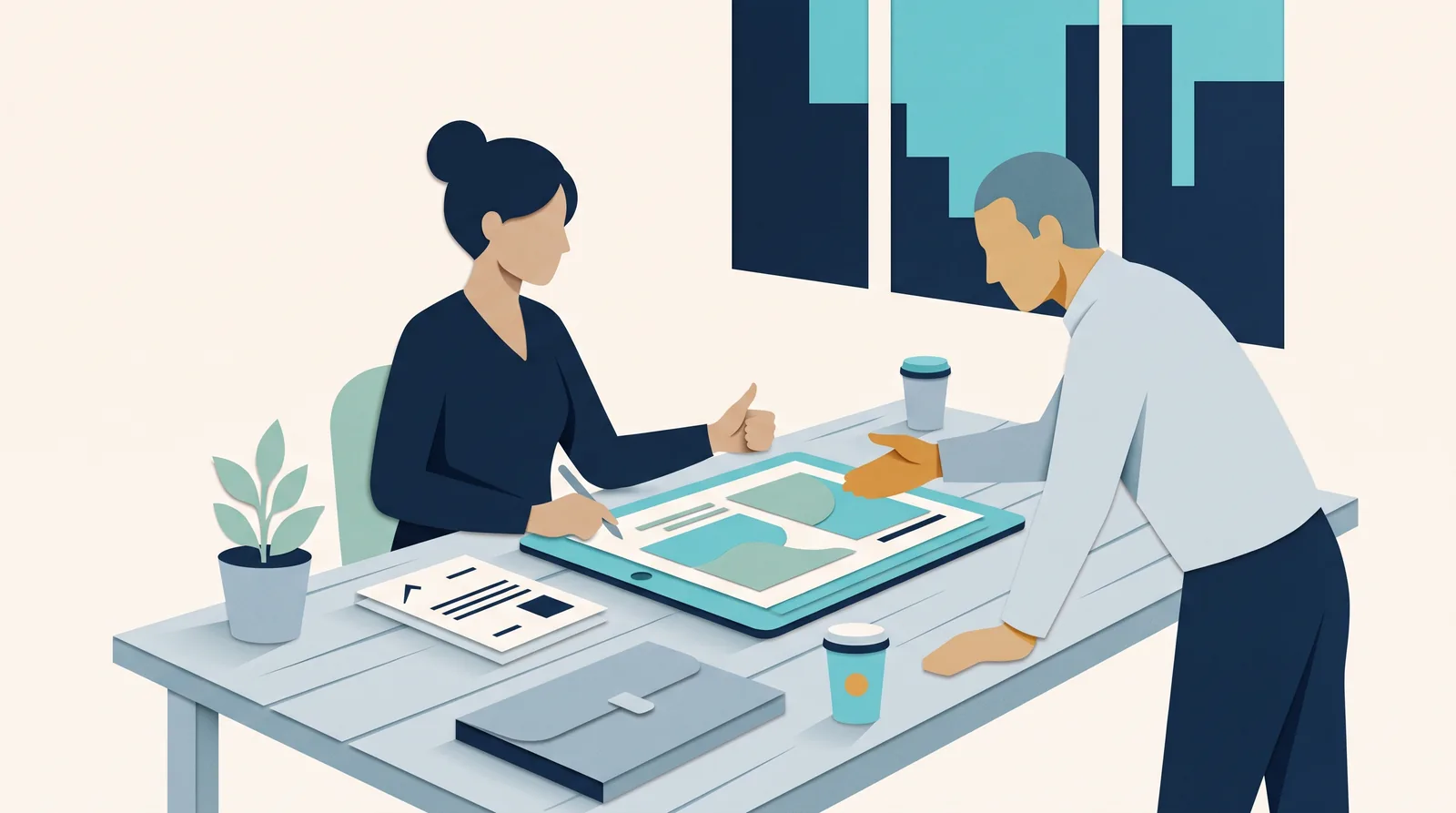 Creative agency colleagues review a project plan and work documents across a shared studio table.