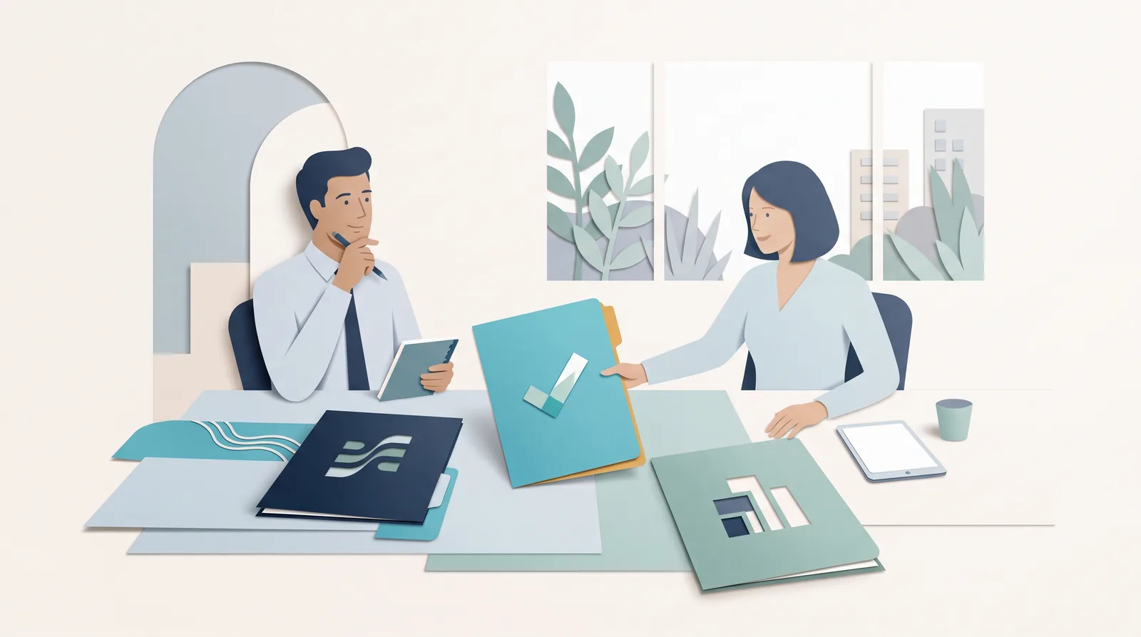 Creative agency colleagues compare project folders, design documents, and client-work options across a shared desk.